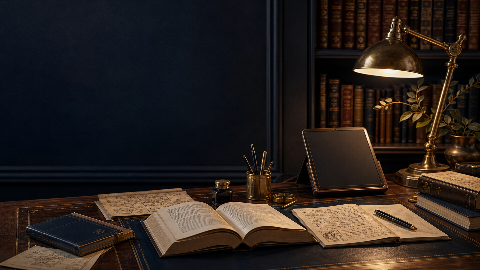 A warm scholarly study room with books, notes, and a quiet reading desk